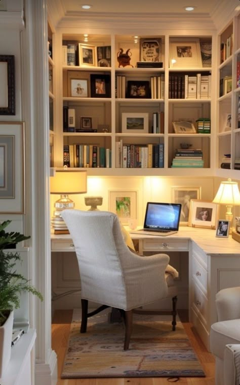 Work From Home Office Setup Ideas, Pocket Office Ideas Small Spaces, Pocket Office Ideas, Small Home Offices, Cozy Home Office, Home Library Design, Nancy Meyers, Office Solutions, Office Library