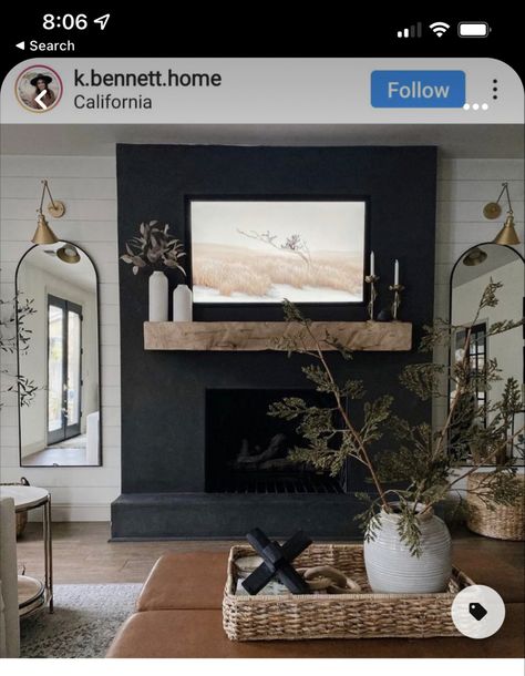 Black Fireplace Grey Wall, Boho Black Fireplace, Tv On Black Fireplace, Dark Gray Painted Fireplace Brick, Living Room Ideas With Black Fireplace, Neutral Living Room With Black Fireplace, Wall Fireplace Insert, Mirrors On Tv Wall, Tall Cabinet Next To Fireplace