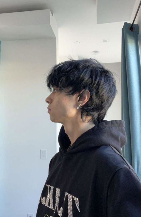 Long Japanese Hairstyles Men, Two Block Long Hair, Men Hair With Bangs, Men’s Haircut With Bangs, Short Wolfcut Hair Men, Dark Hair Mullet, Wolfcut Male Straight Hair, Softboy Hairstyle, Softboy Haircut