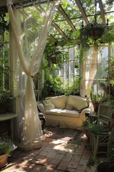 Sunroom Into Greenhouse, Shabby Chic Greenhouse, Greenhouse She Shed, Terrarium Greenhouse, Greenery Room, Sunroom Dining, Small Sunroom, Forest Bedroom, Green Room Decor