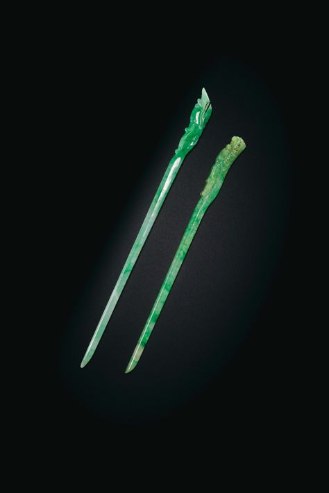 TWO EMERALD-GREEN-MOTTLED JADEITE HAIRPINS Dragon Hairpin, Jade Hairpin, Hair Stick Chinese, Chinese Jade Hairpin, Traditional Chinese Hairpin, Chinese Hair Pins Sticks, Chinese Hairpin, Jade Dragon, Chinese Jade