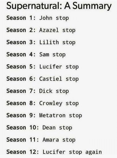 The main focus / villains of each season, summary 1 through 12 spn Supernatural Seasons Summary, Supernatural Villains, Spn Memes, Men Of Letters, Tv Supernatural, Supernatural Memes, Supernatural Seasons, Supernatural Fans, Supernatural Funny