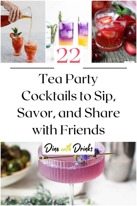 Collage of 4 tea party cocktails. High Tea Drinks Ideas, Iced Tea Party Ideas, High Tea Cocktails, Cocktails In Teacups, Afternoon Tea Cocktails, Tea Party Alcoholic Beverages, Mocktails For Tea Party, Tea Party Drinks Alcohol, Tea Party Drinks Non Alcoholic