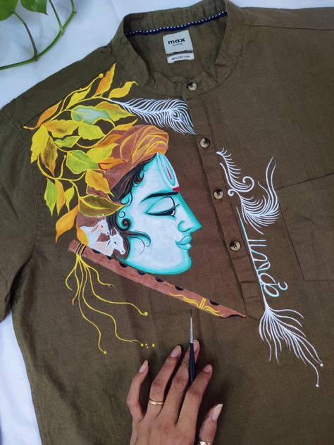 Paint on @paint_blue skye Fabric Painting On Mens Shirt, Krishna Painting On Cloth, Krishna Painting On Fabric, Panjabi Painting Design For Men, Mural Painting On Shirt, T Shirt Painting Ideas Men, Kurta Painting Design For Man, Krishna Fabric Painting, Fabric Paint Designs Creative