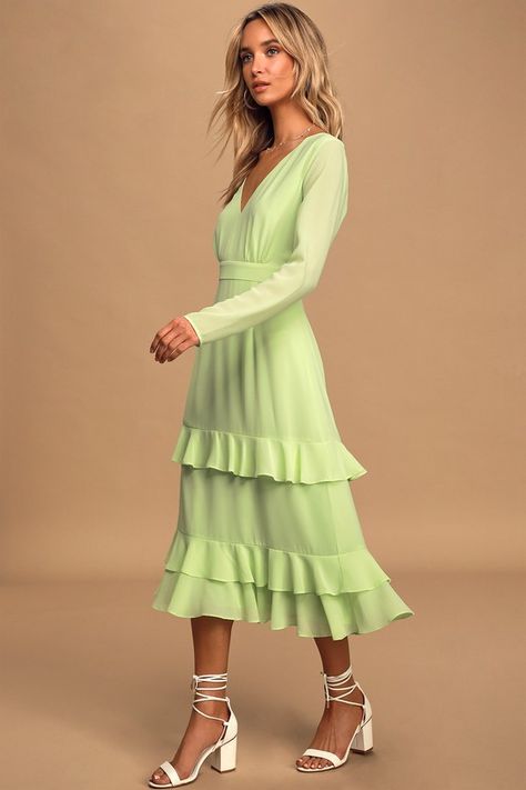 Cute Lime Green Dress - Ruffled Midi Dress - Long Sleeve Dress #ad #Green, #AD, #Dress, #Cute, #Lime Ruffle Dress Long Sleeve, Ruffle Dress Long, Green Ruffle Dress, Neon Prom Dresses, Lime Green Dress, Green Long Sleeve Dress, Winter Wedding Guest Dress, Full Midi Skirt, Chiffon Midi Dress