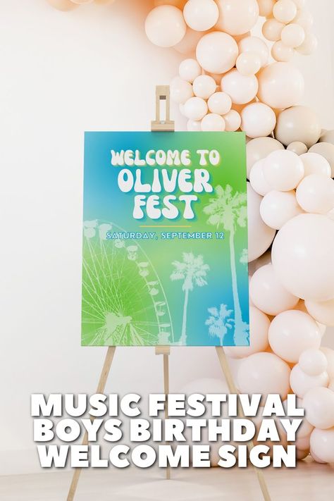 Welcome guests to the ultimate Music Festival Boys Birthday Party with this cute and fun Welcome Sign Template for Boho Decorations or Decor at a Retro Desert Fest Bday! Perfect for kids' birthdays, this versatile and vibrant sign will add the perfect touch of bohemian charm to your little one's special day. Featuring a stunning blue and green tie-dye gradient color with palm trees and a Ferris wheel, this welcome sign is perfect for a first birthday or any age birthday for children. Festival 1st Birthday Party, Music Fest Birthday Theme, Music Festival 1st Birthday, Music Festival Themed Birthday Party, Festival Themed Party Birthday, Babychella 1st Birthdays, Music Festival Themed Party, Coachella Birthday Invitation, Festival Themed Party