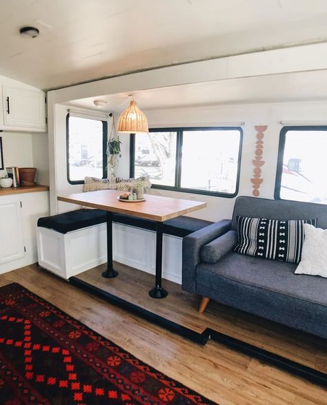 RV Remodel Ideas: 23 Ways to Upgrade Your Camper | Extra Space Storage Camper Table, Rv Living Room, Rv Interior Remodel, Extra Space Storage, Camper Trailer Remodel, Diy Camper Remodel, Rv Homes, Rv Renovations, Camper Makeover