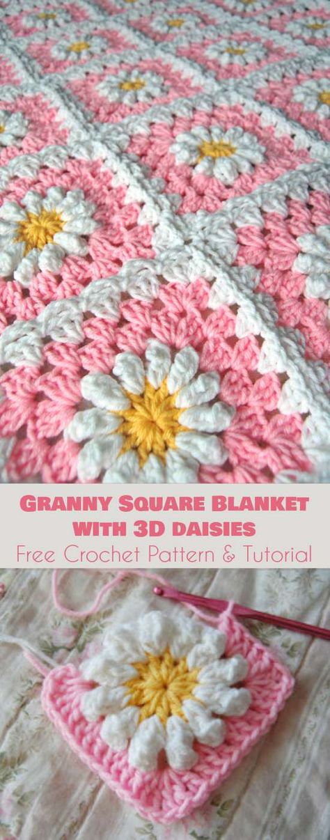 Granny Square Blanket with 3D daisies [Free Crochet Pattern and Tutorial] Follow us for ONLY FREE crocheting patterns for Amigurumi, Toys, Afghans and many more! Motifs Afghans, Afghan Squares, Beau Crochet, Crochet Squares Afghan, Confection Au Crochet, Colorful Crochet, Crochet Granny Square Blanket, Bantal Sofa, Crochet Granny Square