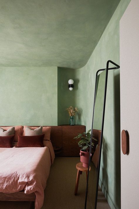 Rough Plaster Walls, Pale Green Bedroom, London Extension, Plaster House, Transitional Apartment, Tropical Modernism, Green Terrazzo, Single Storey Extension, Home Extension