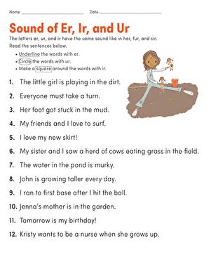 Er, Ir, Ur Words | Worksheet | Education.com Ur Sound Worksheet, Er Sound Words, Er Sound Worksheet, Er Ir Ur Worksheets, Er Worksheets, Phonics Sentences, Er Ir Ur, Reading Rules, Er Words