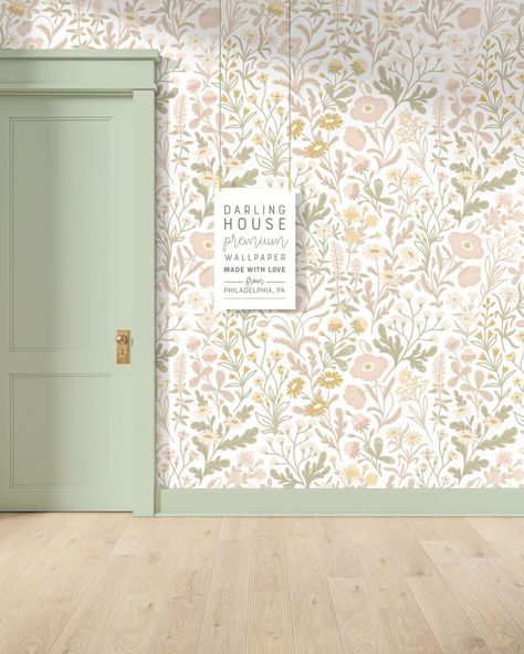 Minimalist, dainty and delicate, this abstract floral wallpaper features colorful botanical line art in blush pink and sage green. A unique and elegant way to instantly transform any bedroom, bathroom, nursery, hallway, or kitchen. Available as removable peel and stick or traditional unpasted wallpaper - both wallpapers are eco-friendly and vinyl-free. Made in the USA, Darling House Wallpaper is printed and shipped from Philadelphia, PA in plastic-free, recyclable packaging. Explore more pink wa Pink And Green Wallpaper Bedroom, Sage Green Wallpaper Floral, Boho Bedroom Pink And Green, Pink Wallpaper Bathroom Ideas, Dandelion Peel And Stick Wallpaper, Bathroom With Floral Wallpaper, Pink Wallpaper Accent Wall, Sage Pink Nursery, Sage Green And Pink Bathroom