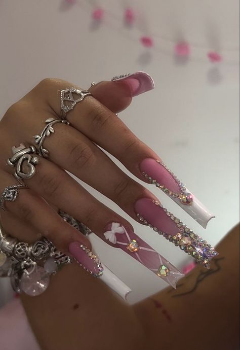 Pink Bling Nails, Bedazzled Nails, Nail Designs Bling, Designer Nails, Punk Nails, Girly Acrylic, Drip Nails, Fancy Nails Designs, French Tip Acrylic Nails