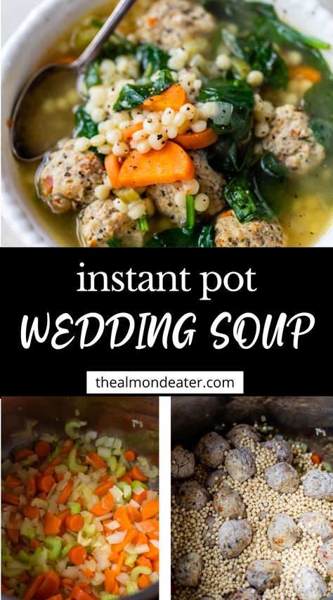 This Instant Pot Wedding Soup is an almost entirely hands-off meal made with meatballs, couscous, and savory Italian flavors. Ready in just 30 minutes! Instant Pot Wedding Soup, Wedding Soup Instant Pot, Italian Wedding Soup Instant Pot, Meatballs Couscous, Instant Pot Italian Wedding Soup, Soup Instant Pot, Vegetarian Italian, Vegetarian Instant Pot, Wedding Soup