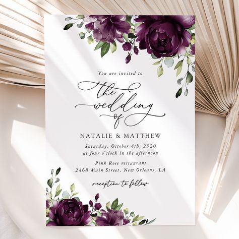 Invite friends and family in style and set the tone for your special day with this charming wedding invitation. #printable #wedding #invitations #weddinginvitation #weddinginvite #weddinginvitationsuite #weddinginvitationset #weddingstationery #SHdesigns Boho Sweet 16, Plum Purple Wedding, Plum Wedding Invitations, Boho Floral Wedding Invitations, Purple Watercolor Flowers, Boho Floral Wedding, Plum Wedding, Fun Invitations, Purple Birthday