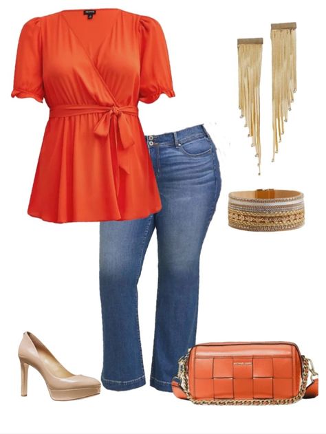 Orange Top Outfit, Orange Shirt Outfit, Orange Purse, Tank Outfit, Gold Outfit, Orange Top, Orange Outfit, Orange Shirt, Curvy Outfits