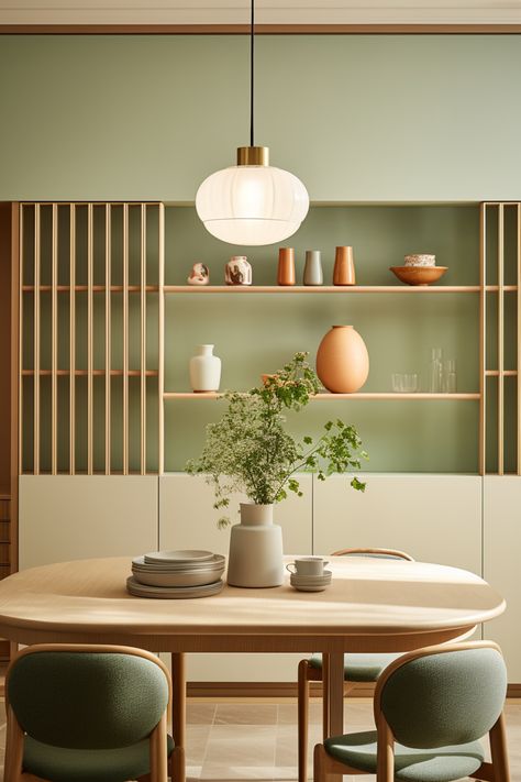 Experience the tranquil serenity of this Japanese-inspired dining room. The soft green and light pink palette, nature-inspired pieces, and eco-friendly craftsmanship create a minimalist oasis. #interiordesign #japanesestyle #minimalist #ethereallighting #serenity Room With Green Accents, Light Pink Palette, Japanese Dining Room, Ethereal Lighting, Japandi Living Room, Japanese Dining, Japandi Living, Minimalist Japanese, Japanese Interiors