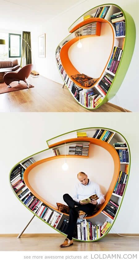 I love unique bookshelves that combine seating into the design.  This might not be the most Dewey friendly shelving ever, but it will definitely catch the eyes of everyone who comes into the library. Unusual Bookcase, Creative Bookshelves, Relaxing Reading, Bookshelves Diy, Funky Furniture, Cool Chairs, Book Shelf, Book Nooks, Unique Furniture