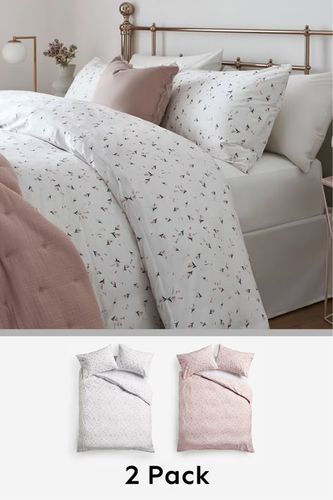 Pink And Grey Cozy Bedroom, Double Bed Duvet Covers, Double Bed Bedding Ideas, White Pink Bedding, Light Pink Bed Set, Cute Pink Bedding, Spotty Bedding, Ditsy Floral Bedding, Bed Set Up Ideas