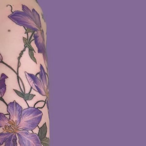 Harriet Hapgood.  Botanical Tattoos. London UK on Instagram: "Sophie’s clematis 💜💜 it was so lovely to see you again after all these years Sophie!" Clematis Flower Tattoo, Clematis Tattoo, Tattoo In Color, Botanical Tattoos, Clematis Flower, Floral Tattoo Sleeve, Botanical Tattoo, After All These Years, Mom Tattoos