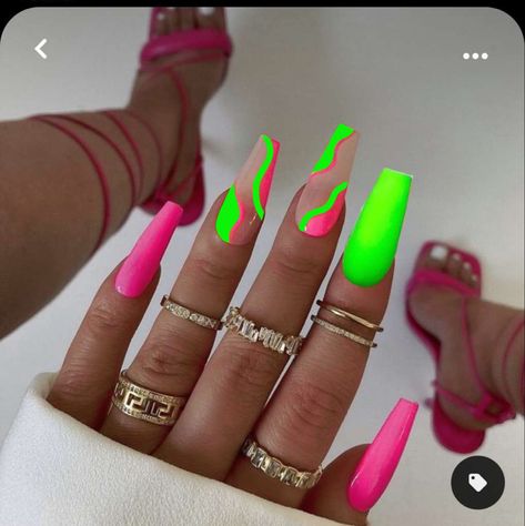 Neon Nails Green And Pink, Summer Nails Ideas Acrylic Bright Colors Art Designs, Neon Nails For Vacation, Neon Green Nail Art Designs, Neon Color Nails Acrylic, Green And Pink Neon Nails, Neon Pink And Neon Green Nails, Neon Coffin Nail Ideas, Neon Acrylic Nails Designs Bright Colors