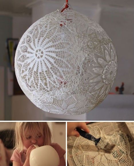 DIY doilies/paper mache lamp Lace Diy Projects, Lace Wedding Decorations, Lace Lamp, Lace Lanterns, Hantverk Diy, Eco Crafts, Doilies Crafts, Diy Lampe, Lace Diy