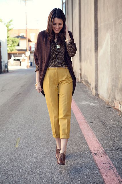 The Trouble with Mustard Pants | Kendi Everyday Mustard Yellow Trousers Outfit, Mustard Trousers Outfit, Mustard Yellow Pants Outfit, Yellow And Brown Outfits, Yellow Trousers Outfit, Mustard Pants Outfit, Yellow Pants Outfit, Mustard Yellow Outfit, Mustard Yellow Pants