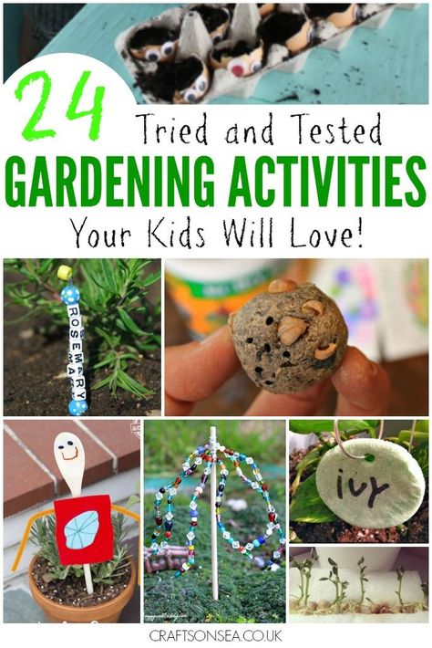 24 super fun gardening activities for kids with tried and tested ideas for things to grow or make for the garden with inspiration you'll love. Gardening Activities For Kids, Gardening Activities, Gardening Seeds, Garden Activities, Children's Garden, School Garden, Outdoor Activities For Kids, Family Garden, Creative Gardening