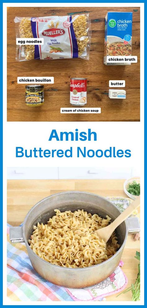 Amish buttered noodles are egg noodles cooked in a creamy chicken broth and brown butter. The noodles absorb the rich buttery broth flavors creating a mouthwatering side dish even picky eaters will love. Also known as Cafeteria Noodles and Amish Noodles. Cheap Noodle Recipes, Amish Buttered Noodles Recipe, Amish Noodle Recipe, Egg Noodle Side Dish, Cafeteria Noodles, Roast With Pepperoncini, Amish Pasta, Amish Noodles, Buttered Noodles Recipe