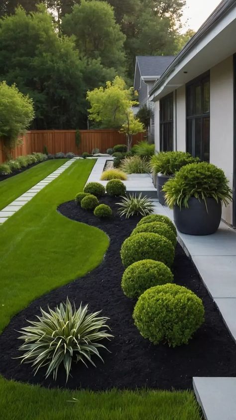 Clean Landscaping Front Yard, Side Yard Pea Gravel, Minimal Front Yard Landscaping Ideas, Garden In Backyard Ideas, Landscape Ideas For Modern House, Tiny Yard Landscaping, Minimal Yard Landscaping, Small Minimalist Garden Ideas, Small Tree Front Yard