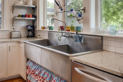 #Commercial #stainless #steel #sink, #subway #tile, splashes of color! #ball #jar #soap dispenser, Ikea towel bar, white cabinets Industrial Sink, Sink Remodel, Kitchen Sink Remodel, Kitchen Sink Ideas, Faucets Ideas, Commercial Sink, Industrial Kitchen Design, Sink Ideas, Amazing Kitchen