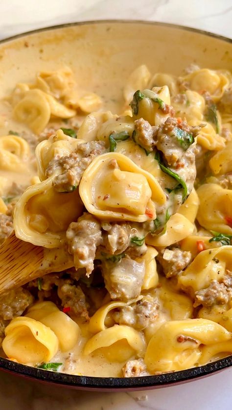 Creamy One Pot Tortellini | kingcooks Creamy Tortellini Sausage Skillet, Cheese Tortellini With White Sauce, One Pot Marry Me Tortellini, Goat Cheese Tortellini, Gorgonzola Tortellini, Tortellini Ground Beef Recipes, Ground Beef And Tortellini Recipes, Ground Beef Tortellini Recipes, Tortellini And Sausage Recipes