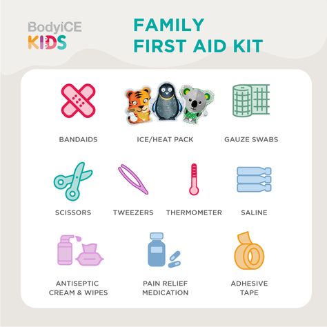 🚑 Creating a Kids' First Aid Kit 🤸‍♂️ Building a practical first aid kit for your children is essential for their safety and your peace of mind. We've put together a straightforward checklist to guide you through the process, ensuring you're well-prepared for any unexpected situations. ✅ For more valuable insights and tips on kids' and family first aid, check out our latest BodyICE Kids blog on our website. First Aid Kids Activities, First Aid Kit Aesthetic, Kids First Aid Kit, First Aid Pictures, First Aid Kit For Kids, First Aid Kit Items, Travel Medicine Kit, First Aid Kit Checklist, Basic First Aid Kit