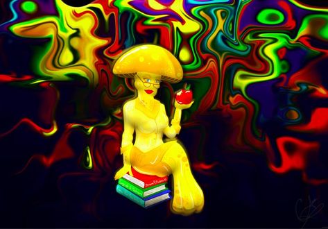 An abstract motion nft art of the magic psychedelic mushroom Golden Teacher. The Golden teacher is trippin' balls while the world melts behind her in array of rainbow colours. Check it out and my other NFTs on opensea.io/maygreenabgrall Golden Teacher Mushroom Art, Golden Teacher Mushroom, Golden Mushroom, Physcadelic Mushrooms, Mushroom Phycadelic, Colorful Mushroom Art Trippy, Abstract Graphic Design, 4k Hd, Fluid Art