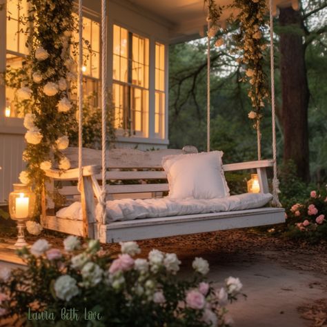 Dishfunctional Designs: Dreamy Summer Porch Swings Porch Swing Aesthetic, Cute Porch, Italian Cottage, Balcony Swing, Big Porch, White Porch, Spring Porch Decor, Porch Flowers, Sleeping Porch