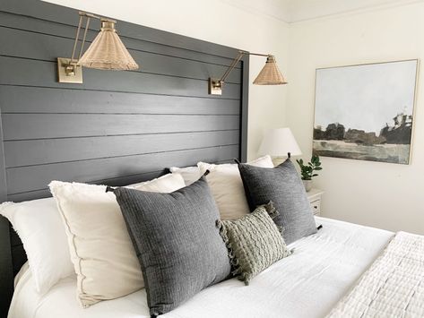 Diy Headboard Between Two Windows, Shiplap Wall Headboard Ideas, Shiplap Headboard With Lights, Accent Wall No Headboard, Master No Headboard, How To Decorate A Shiplap Wall In Bedroom, Wall Bed Headboard Ideas, Lake House Headboard Ideas, Shiplap Headboard Wall Bedroom