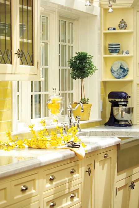 Olson Lewis + Architects | Architects and Planners in Massachusetts | Boston Design Guide Leaded Glass Cabinet Doors, Kitchen Color Yellow, Yellow Kitchen Cabinets, Yellow Cabinets, Cream Kitchen, Yellow Cottage, Casa Country, Classic Kitchen, Yellow Kitchen