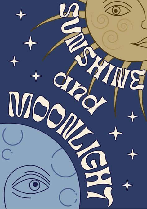 Sunshine and Moonlight poster with waved text, sun and moon in the night sky, groovy old fashioned poster with text. Sunshine And Moonlight, Sun And Moon Poster, Moonlight Poster, Groovy Poster, Rainforest Project, Moon In The Night Sky, Poster With Text, Solar Moon, Moon Stages