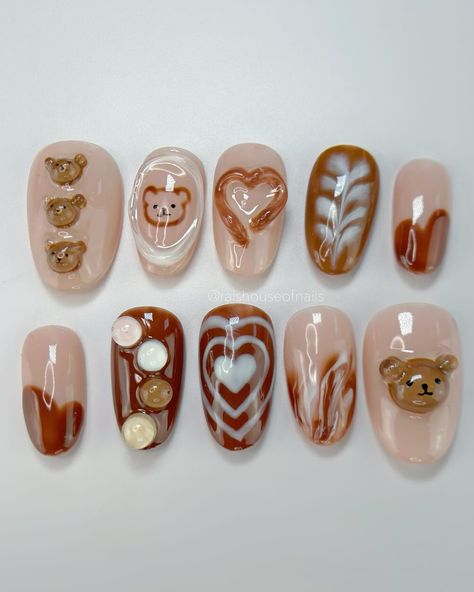 Cute coffee bears press on nails 🐻 ☕️ #pressonnails #3dnails #cutenails #nailart #fallnails Bear On Nails, Coffee Nails Designs, Cute Bear Nails, Coffee Nail Art, Teddy Nails, Teddy Bear Nail Art, Teddy Bear Nails, Chocolate Nails, Bear Nails