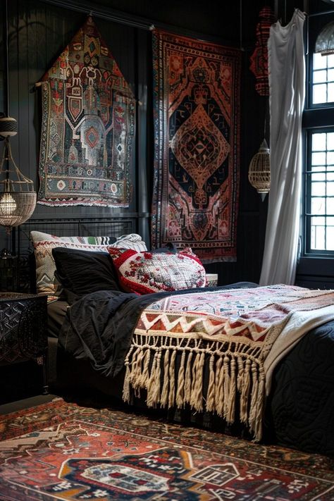 29 Moody Bedroom Ideas for a Dramatically Cozy Ambiance - My Elegant Home Dark Eclectic Bedroom, Dark Boho Bedroom Ideas, Egyptian Bedroom, Dark Modern Bedroom, Dark Boho Bedroom, Bedroom Ideas Black, Bloom House, Moody Bedroom Ideas, Boho Textiles