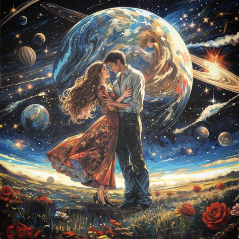 🌌💞 Step into a cosmic romance with this enchanting artwork, where a couple shares an intimate embrace amidst a celestial backdrop. The night sky is adorned with swirling galaxies, planets, and stars, creating a breathtaking tapestry of the universe. The lovers, grounded on a field of vibrant flowers, seem to transcend the earthly realm, their connection illuminated by the heavenly glow. The woman's flowing dress and the man's gentle hold encapsulate a moment of timeless love, set against the ... Universe Couple, Cosmic Romance, Cosmic Lovers, Celestial Backdrop, Planets And Stars, Flowing Dress, Star Crossed Lovers, Timeless Love, Parallel Universe