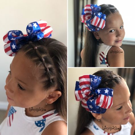 4th of July hairstyle and bow by CinderellaBowtique Toddler Girl 4th Of July Hair, Fourth Of July Kids Hairstyles, Girls 4th Of July Hairstyles, Toddler 4th Of July Hairstyles, Headband Hairstyles For Kids, Fourth Of July Hairstyles For Kids, Hairstyles For 4th Of July, 4th Of July Hairstyles For Kids, Hair With Tinsel