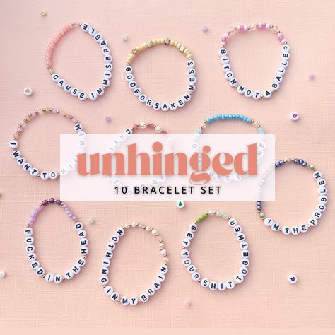 Don't be the only person without friendship bracelets at the Eras Tour! Whether you're buying them to keep or trade, these bracelets were made by hand by a fellow Swiftie. These bracelets are made with stretchy elastic, so no need to worry about annoying clasps. This Unhinged set is inspired by her most relatable, self deprecating, and self aware lyrics. Each bead was meticulously picked out to create the most authentic Unhinged set.  Clean versions are also available! 1 set contains 10 bracelet Phrases For Bracelets, Eras Tour Friendship Bracelets Lyrics, Friendship Bracelets For Eras Tour, Funny Swiftie Bracelets, Banana Bracelet Pattern, Taylor Swift Lyrics Friendship Bracelet, Unhinged Friendship Bracelets Taylor, Eras Tour Bracelets Midnights, Easy Eras Tour Bracelets