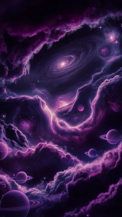 Immerse yourself in this stunning space wallpaper featuring deep purple hues and a cosmic scene that captures the universe's beauty. Swirling nebulae in violet, lavender, and indigo, sparkling stars, and vibrant planets create a mystical atmosphere. Perfect for space enthusiasts, this wallpaper invites you to explore the infinite wonder of the cosmos. Keywords: space wallpaper, cosmic art, purple nebula. Cosmic Art Wallpaper, Purple Wallpaper Space, Purple Nebula Wallpaper, Trippy Clouds, Cosmos Wallpaper, Cosmic Aesthetic, Purple Cosmos, Purple Nebula, Nebula Wallpaper