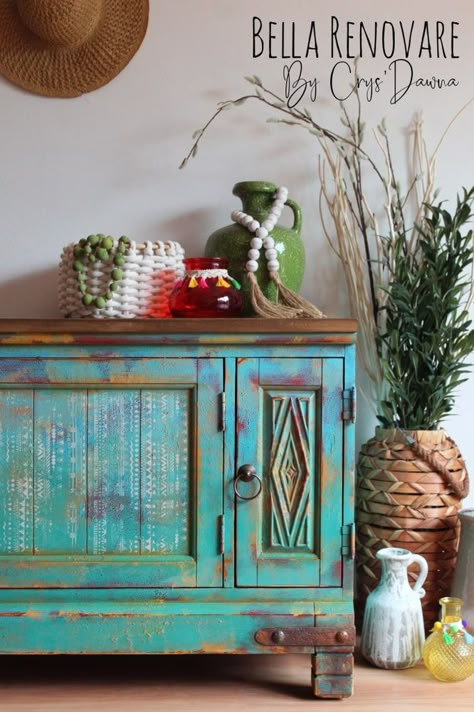 Boho Furniture Makeover, Mexican Painted Furniture, Turquoise Paint Colors, Boho Style Furniture, Southwestern Furniture, Southwest Furniture, Turquoise Furniture, Turquoise Paint, Mexican Furniture