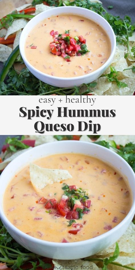 This spicy queso and hummus dip recipe is a perfect healthy game day appetizer! It;s cheesy and delicious, but also nutritious thanks to the spicy hummus and diced tomatoes. You'll love this easy party dip! Healthy Queso Dip, Healthy Queso, Hummus Dip Recipe, Spicy Queso Dip, Healthy Tailgate Food, Tailgate Appetizers, Spicy Queso, Spicy Hummus, Hummus Dip