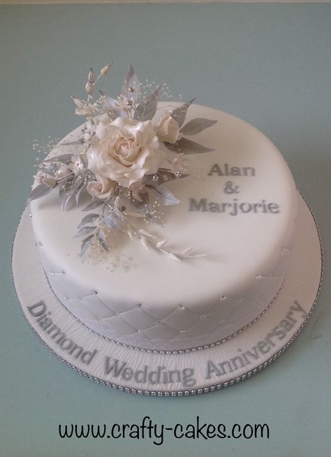 Diamond Wedding anniversary cake with hand made spray of flowers Diamond Wedding Anniversary Cake Ideas, Diamond Wedding Cake Ideas, Anniversary Cake Ideas For Parents, 60th Wedding Anniversary Cakes, Wedding Anniversary Cake Ideas, 60th Anniversary Cake, 60th Wedding Anniversary Decorations, Diamond Wedding Anniversary Cake, Diamond Anniversary Cake