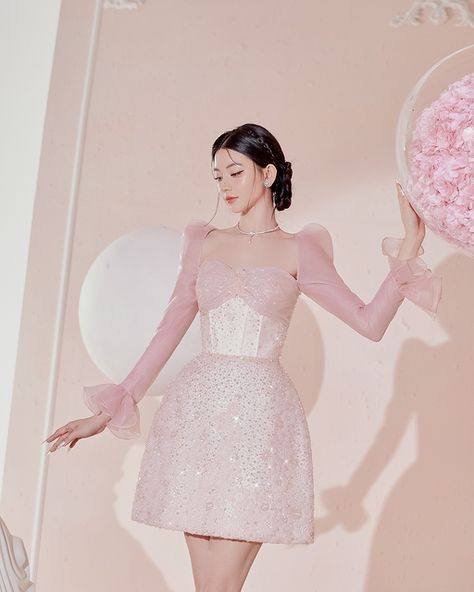 Elegant Wrap Dress, Beautiful Frocks, Dress With Rhinestones, Leg Of Mutton Sleeve, Pink Mini Dress, Pastel Fashion, Sophisticated Dress, Fashion Hacks Clothes, Basic Dress