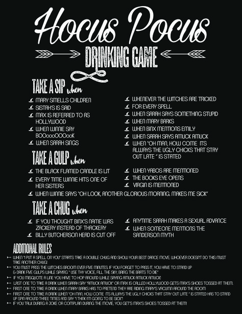 You saved to HOCUS POCUS Hocus Pocus Drinking Game #HocusPocus #Halloween #Party Hocus Pocus Drinking Game, Halloween Drinking Games, Movie Drinking Games, Halloween Films, Drunk Games, Halloween Anniversary, Hocus Pocus Party, Fun Drinking Games, Game For Adults