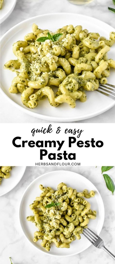 This simple, creamy pesto pasta is wonderfully herby and so easy to make in just 20 minutes for a weeknight meal the whole family will love! Pesto Pasta Healthy Recipe, Easy Pesto Recipes, Spinach Ravioli With Pesto Sauce, Pioneer Woman Creamy Pesto Pasta, Simple Pasta Recipes Vegetarian, Pesto Recipe Creamy, Pesto Pasta Easy From Jar, Easy Pasta Recipes No Dairy, Pesto Recipe Dinner