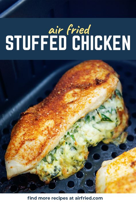 Air Fryer Stuffed Chicken, Chicken Breast In Air Fryer, Cream Cheese Stuffed Chicken Breast, Cream Cheese Stuffed Chicken, Chicken On The Grill, Air Fryer Recipes Chicken Breast, Spinach Filling, Cream Cheese Spinach, Cheese Stuffed Chicken Breast